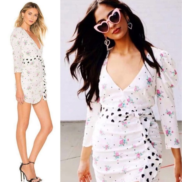 FOR LOVE LEMONS Floral Puff Sleeve Ruched Heart Ruffle Belt Faux Wrap Dress XS - Picture 5 of 16